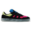 A pair of black and pink ADIDAS GONZ ALOHA SUPER "EIGHTIES" SHOCK PINK / CORE BLACK / FROZEN YELLOW sneakers with neon accents.