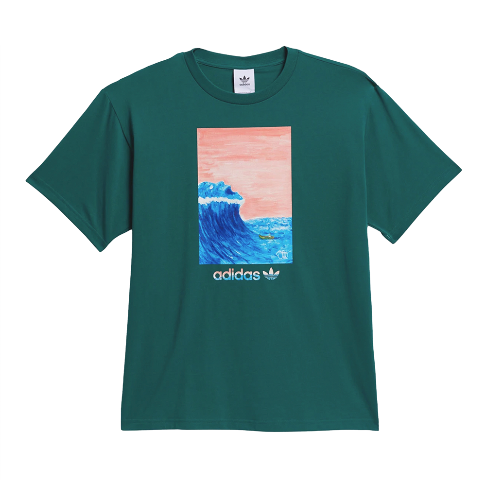 An ADIDAS DILL G T-SHIRT GREEN / MULTI with an image of a wave.
