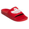 An ADIDAS slipper with a ghost on it in scarlet and white color.