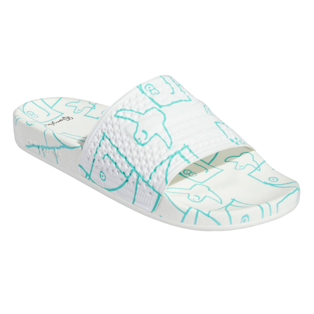 A women's ADIDAS SHMOOFOIL SLIDE CLOUD WHITE / SEMI MINT sandal with a drawing on it.
