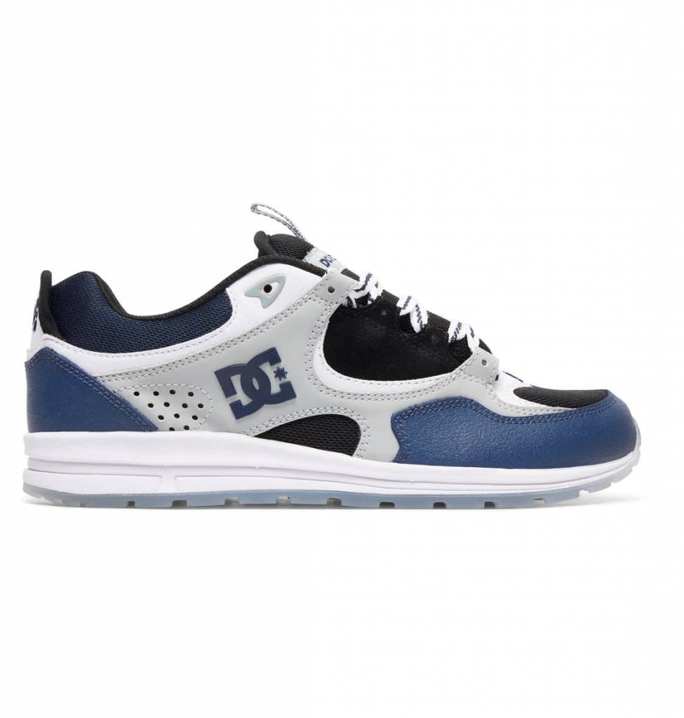 A blue and grey men's skate shoe by DC Shoes with branding and suede uppers, called the DC KALIS LITE SE BLUE / BLACK / GREY.