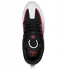 A comfortable black and red DC LEGACY 98 SLIM shoes made of leather, showcasing exceptional durability, placed against a clean white background.