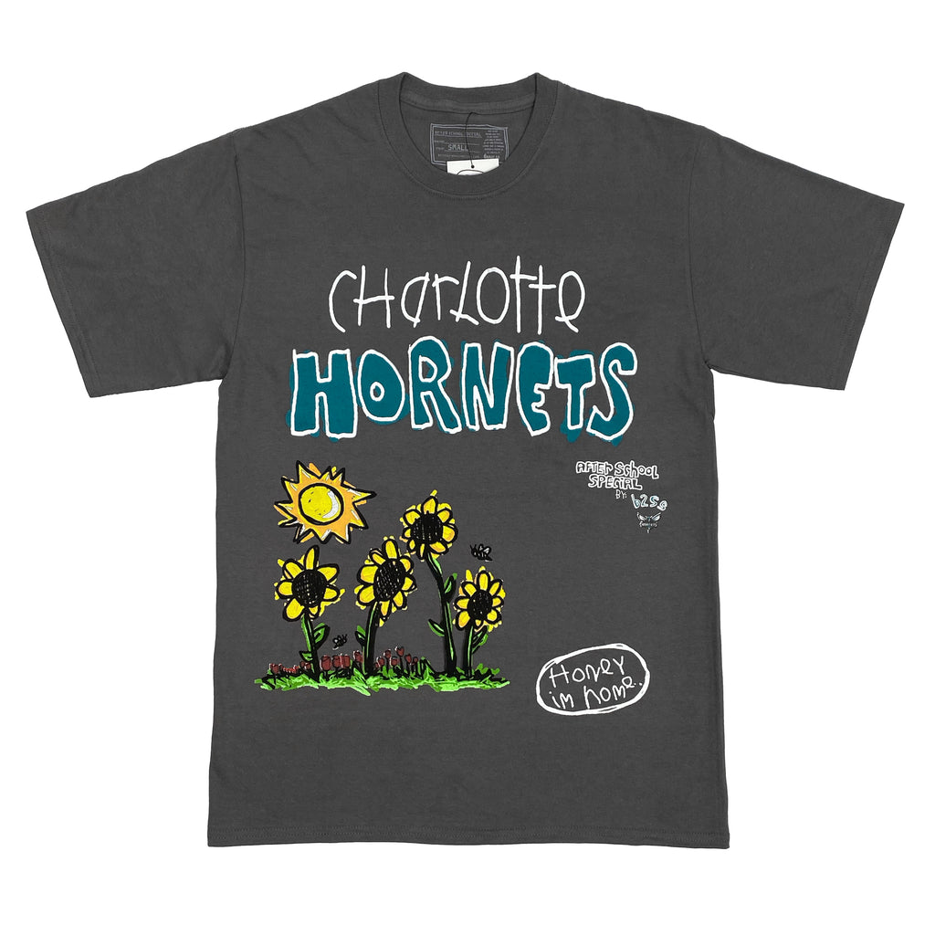 AFTER SCHOOL SPECIAL's A.S.S. X NBA HORNETS PUFF TEE SHADOW BLACK with a picture of a sunflower and the words charlotte.
