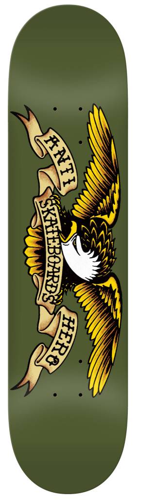 An army green skateboard with and eagle on it.