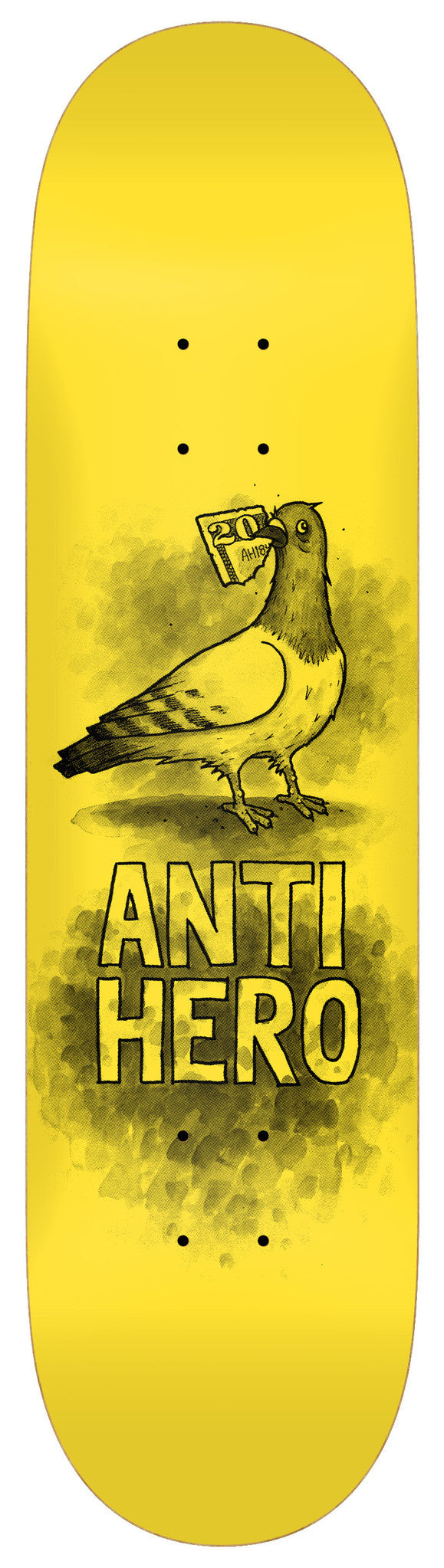 A yellow skateboard with the words ANTI HERO BUDGIE PRICE POINT 8.25 from ANTIHERO on it.