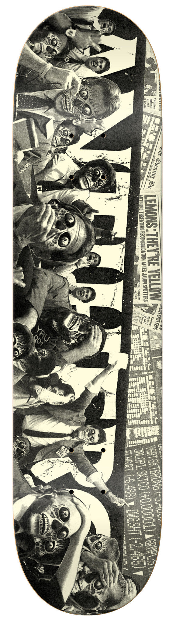 A black and white photo of a group of people, capturing an air of intrigue and mystery featuring the ANTI HERO THEY PANIC PRICE POINT 8.5 skateboard deck by ANTIHERO.