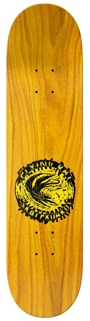 An ANTIHERO skateboard with a yellow and black design on it, the FLYING RAT KANFOUSH 8.38.