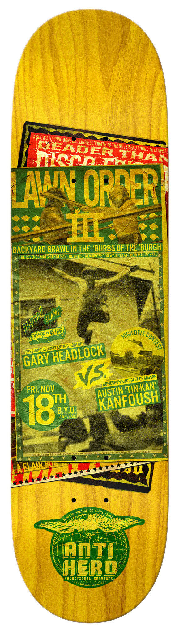 An ANTIHERO KANFOUSH FRIDAY NIGHT 8.28 skateboard with an ANTI HERO KANFOUSH poster on it.