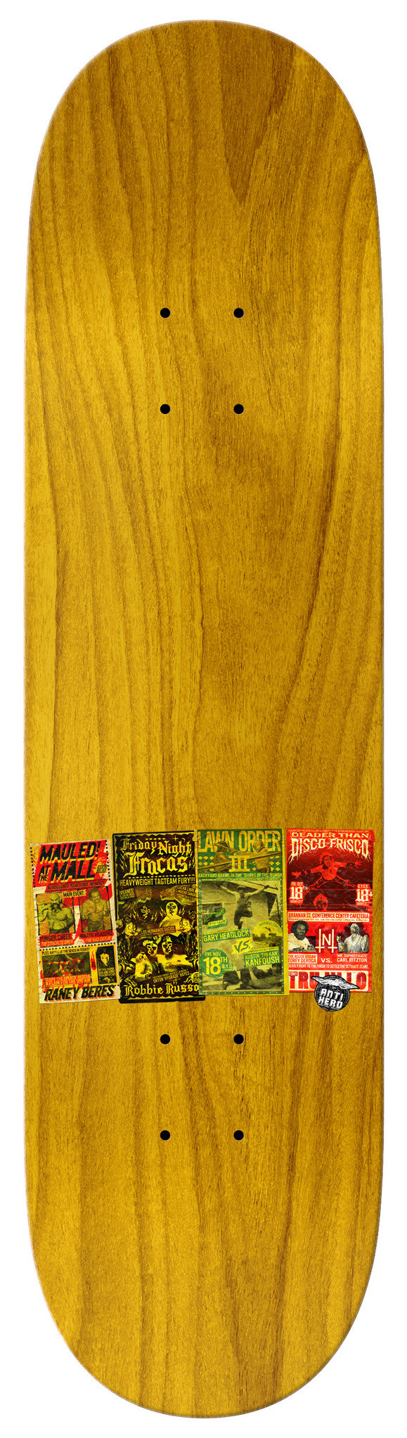 An ANTIHERO BERES FRIDAY NIGHT 8.5 wooden skateboard with a picture of a magazine on it.