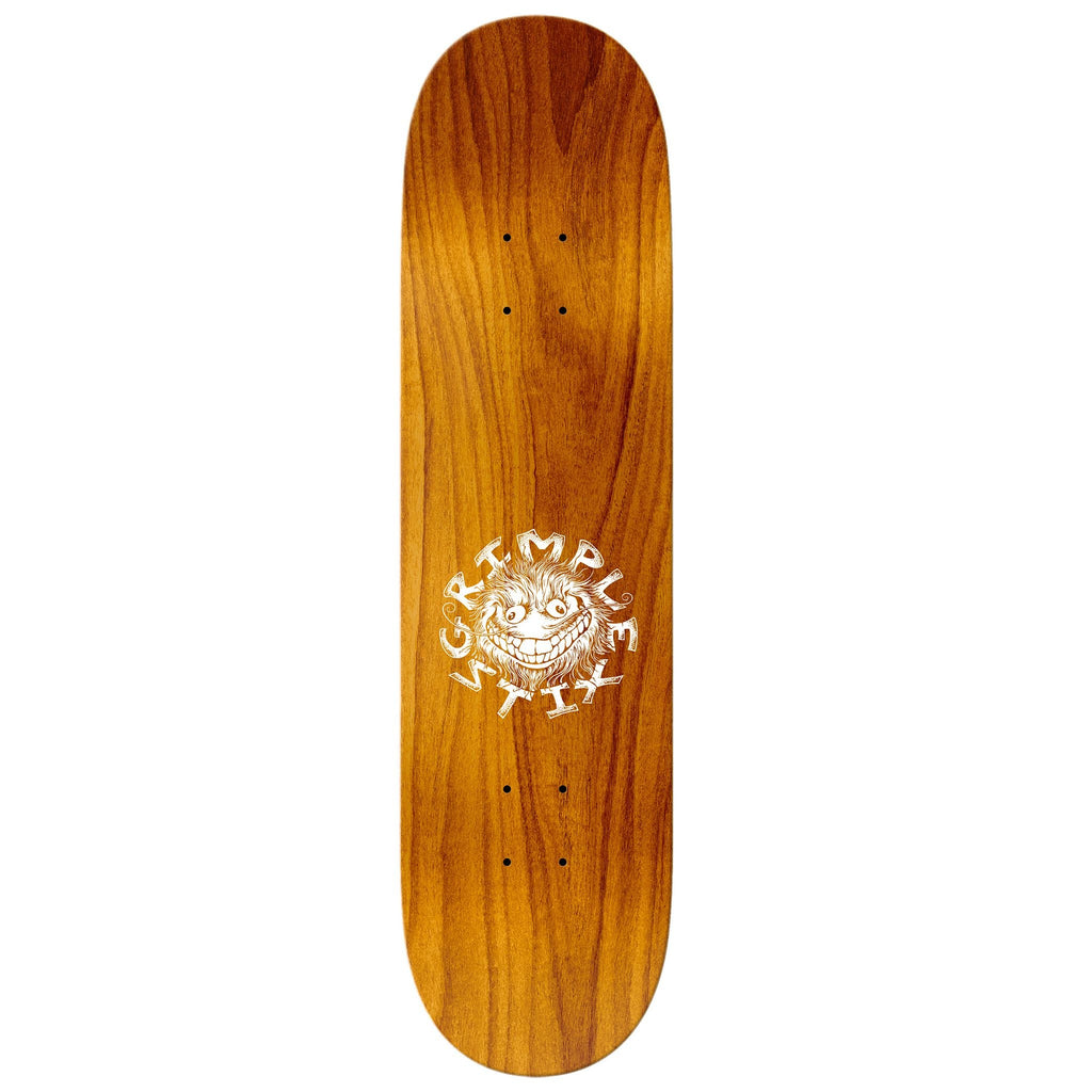 A skateboard with a white logo on it, featuring the GRIMPLE STIX GERWER FAM BAND 8.06 logo by ANTIHERO.
