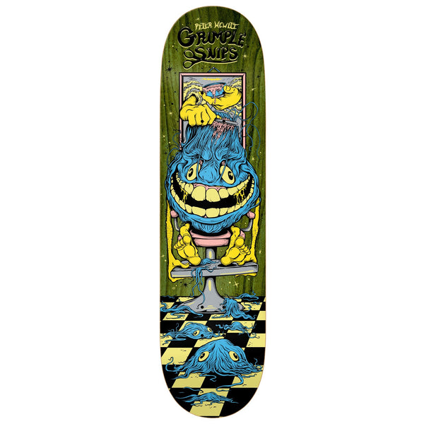 An ANTIHERO GRIMPLE STIX HEWITT GRIMPLE SNIPS 8.4 skateboard deck featuring a blue monster.