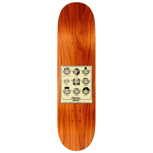 A skateboard deck featuring various images from Grimple Stix, the ANTIHERO GRIMPLE STIX HEWITT GRIMPLE SNIPS 8.4.