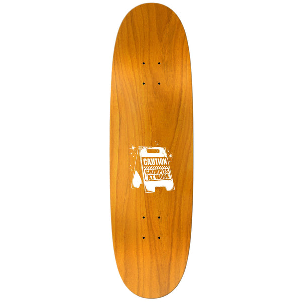 A skateboard with a white logo from ANTIHERO GRIMPLE STIX GERWER GRIMPLES AT WORK.