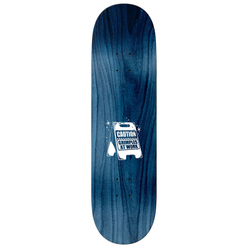 A blue skateboard with an ANTIHERO GRIMPLE STIX HEWITT GRIMPLES AT WORK logo on it.