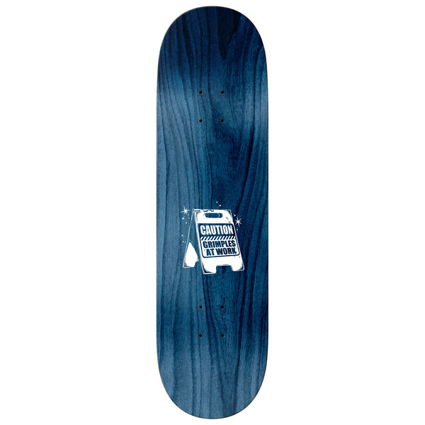 A blue skateboard with an ANTIHERO GRIMPLE STIX HEWITT GRIMPLES AT WORK logo on it.