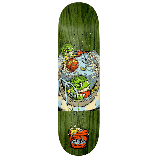 A skateboard deck featuring the cartoon character from ANTIHERO with artwork by GRIMPLE STIX HEWITT GRIMPLES AT WORK.