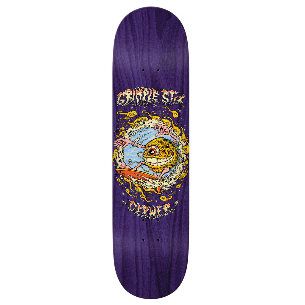 A purple skateboard deck with an image of a skull on it from the ANTIHERO GRIMPLE STIX GERWER GRIMPLE ZAP collection or the ANTIHERO GERWER GRIMPLE ZAP series.