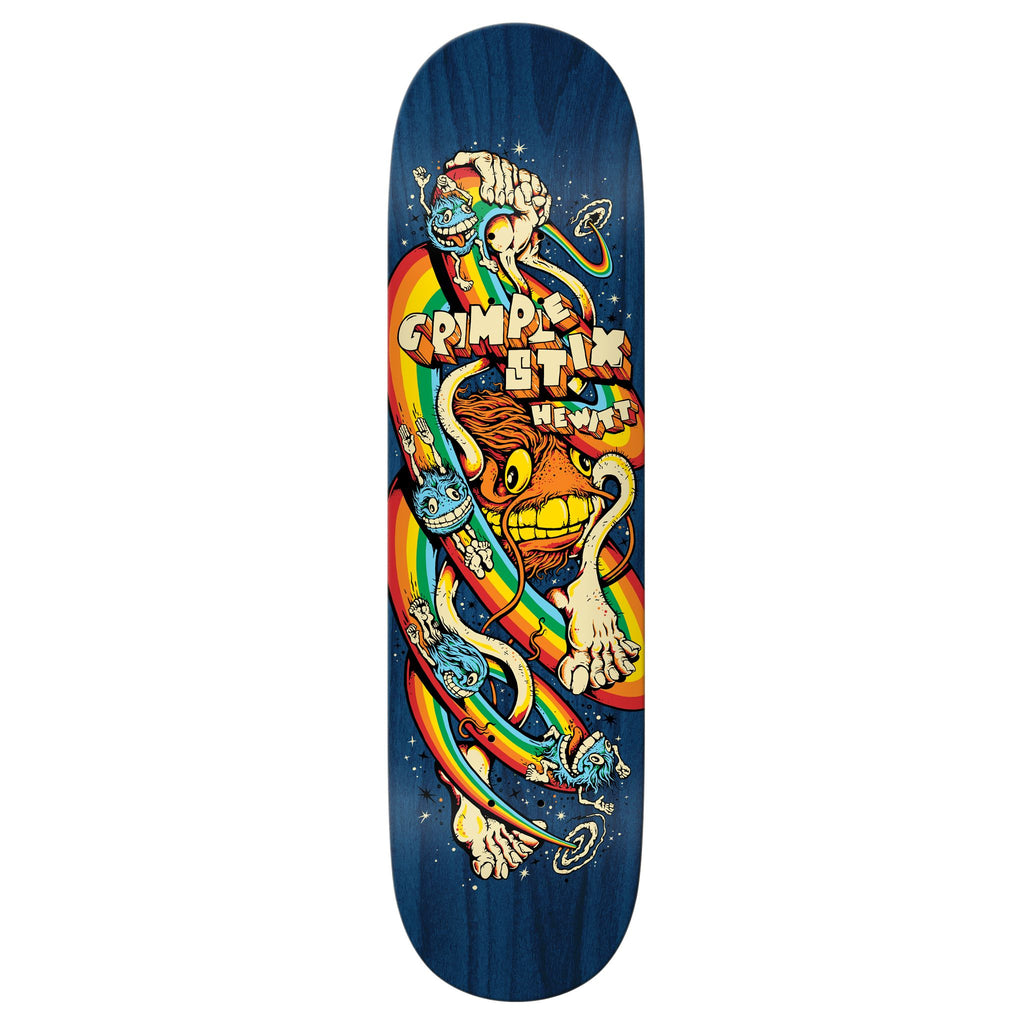 A colorful skateboard deck featuring the GRIMPLE STIX HEWITT GRIMPLE ZAP logo from the brand ANTIHERO.