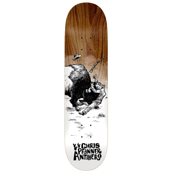 An ANTIHERO skateboard with an image of a bull riding a bull.