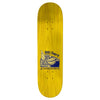 A yellow skateboard with an image of a boat on it, designed by Brian Anderson under the ANTI HERO ANDERSON HUG PAVEMENT brand.