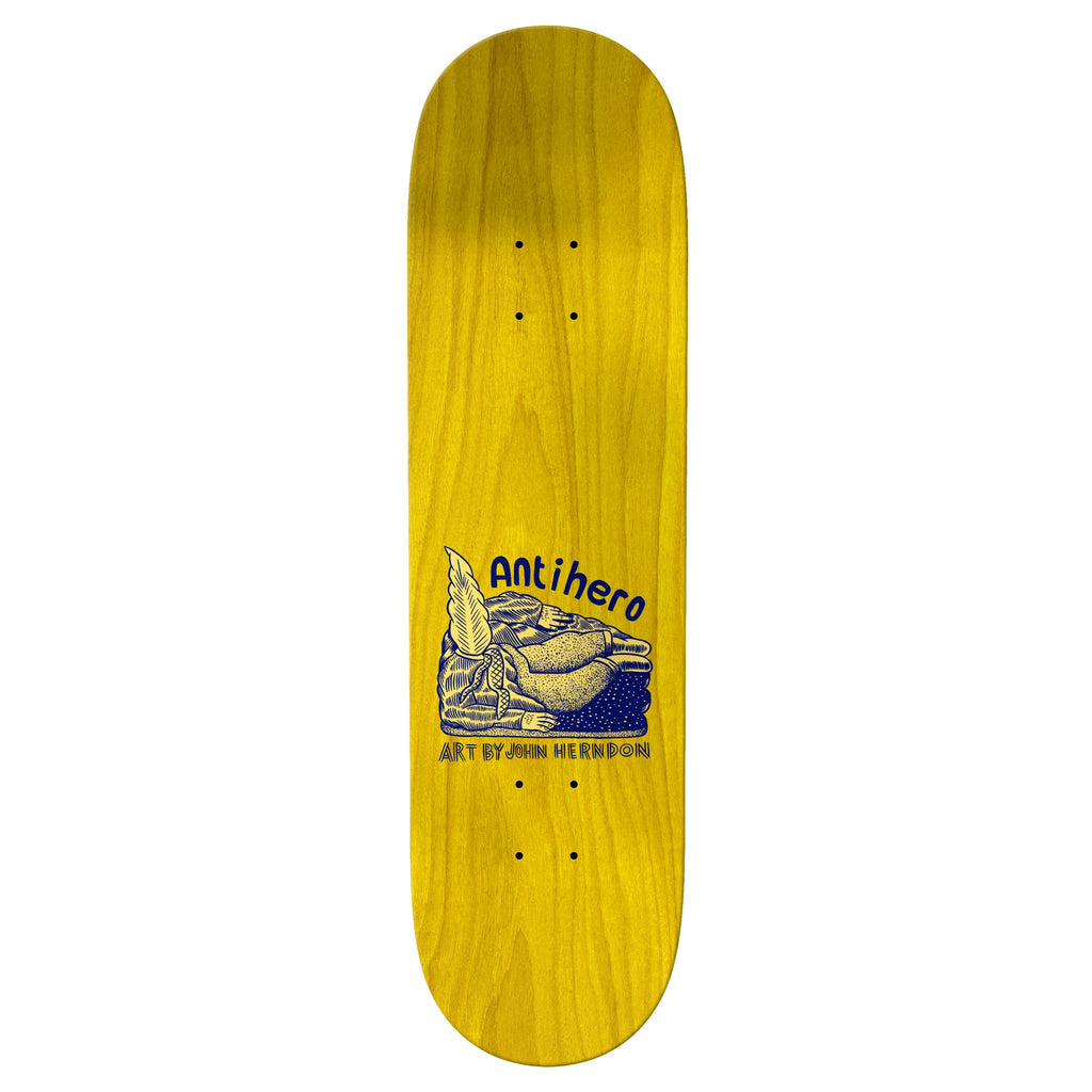 A yellow skateboard with an image of a boat on it, designed by Brian Anderson under the ANTI HERO ANDERSON HUG PAVEMENT brand.
