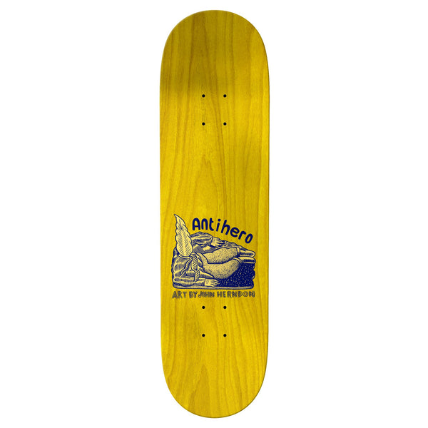 A yellow skateboard with an image of a boat on it, designed by Brian Anderson under the ANTI HERO ANDERSON HUG PAVEMENT brand.