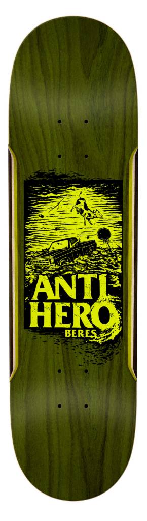A skateboard deck with the words ANTIHERO BERES 8.75 HURRICANE on it.