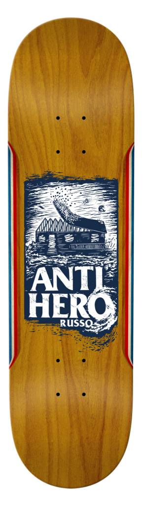 A wooden skateboard with the words ANTIHERO RUSSO 8.5 HURRICANE on it.