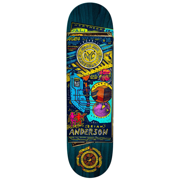 A skateboard deck with an ANTIHERO BA MAPS / HOMES 8.75 design on it.