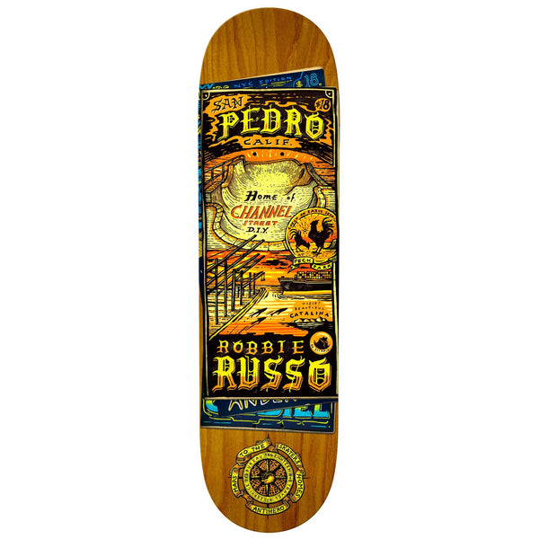 An ANTIHERO RUSSO MAPS / HOMES skateboard featuring the words Redo Russo and measuring 8.25 in size.