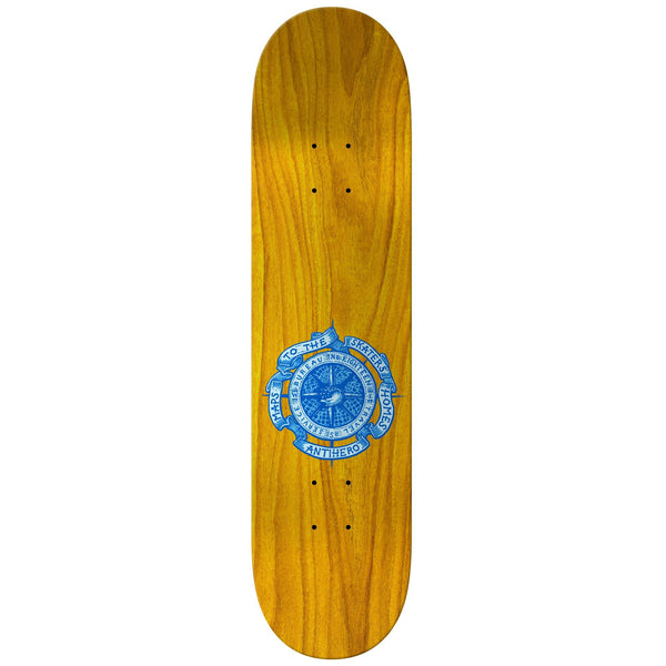 A skateboard deck with a blue logo from ANTIHERO RUSSO MAPS / HOMES 8.25 by ANTIHERO on it.