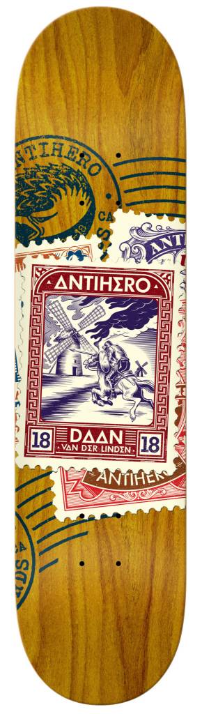 An ANTIHERO skateboard deck with stamps on it.