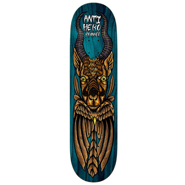 An ANTIHERO skateboard deck featuring an ANTI HERO PFANNER TOTEM 8.25 design, measuring 8.25 inches. The deck showcases a captivating image of a deer.