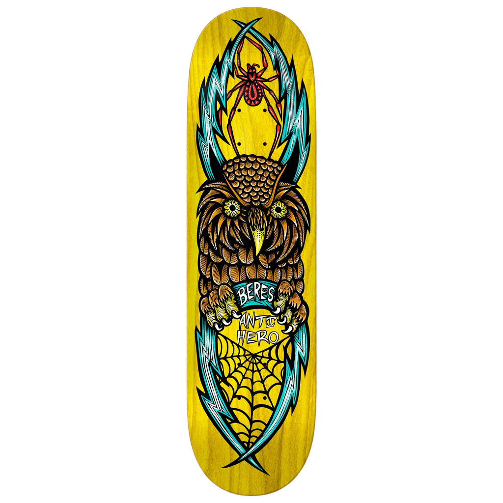 A yellow skateboard with an ANTIHERO BERES TOTEM 8.62 owl on it.