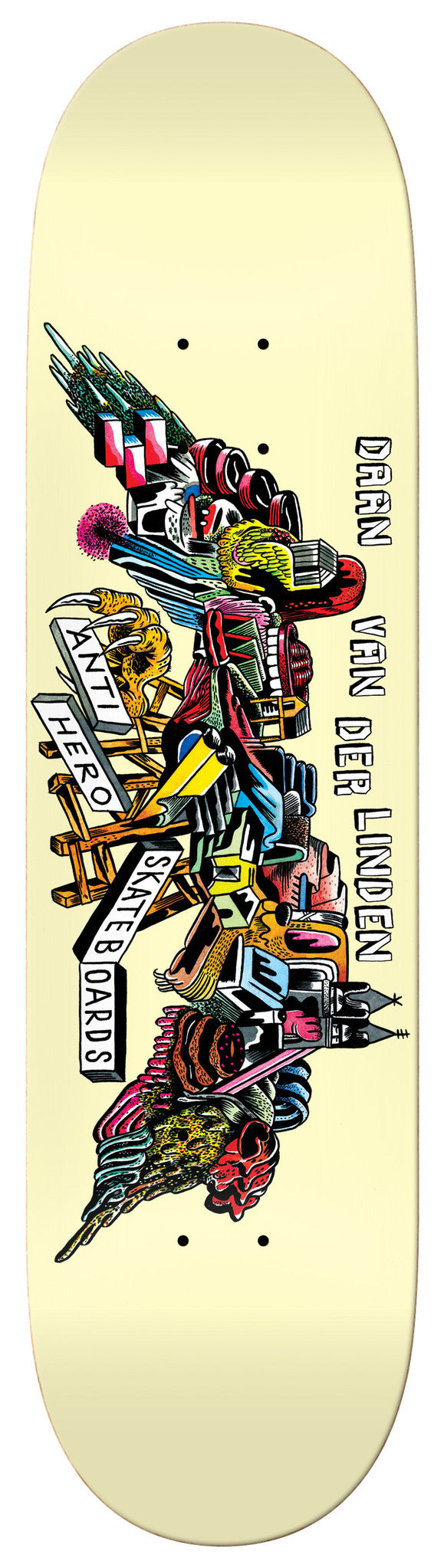 A skateboard with an ANTI HERO DAAN WE FLY 8.06 design on it.