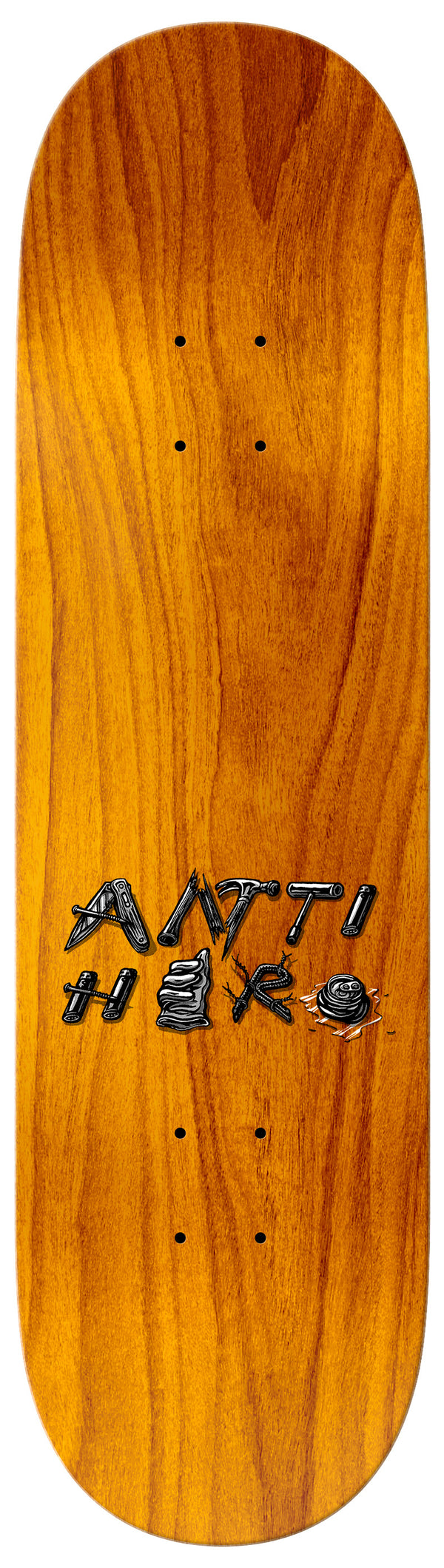 A wooden skateboard with the word 'anti hko' and an 8.4-inch width, inspired by the iconic skate brand ANTIHERO Taylor Debris.