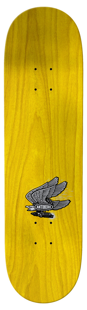A yellow skateboard with an image of a bird on it, featuring the ANTIHERO TAYLOR ENDURO.