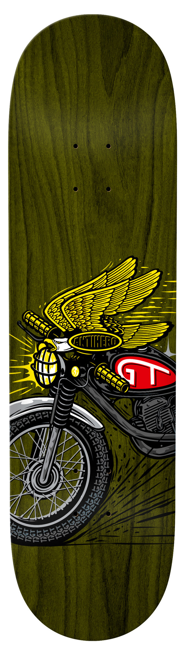 An ANTIHERO TAYLOR ENDURO skateboard featuring a wooden deck with a vivid image of a motorcycle, designed by Taylor ENDURO in 8.4 inches.