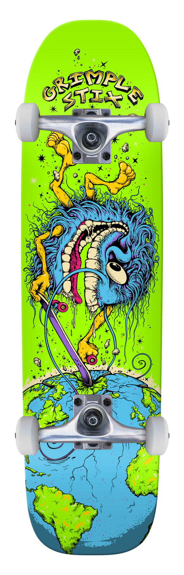 An ANTIHERO GRIMPLE STIX SPACEWALKER COMPLETE skateboard with an image of a monster, inspired by Grimple Stix.