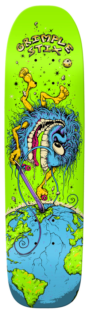 An ANTIHERO GRIMPLE STIX SPACEWALKER skateboard with an image of a monster on it.
