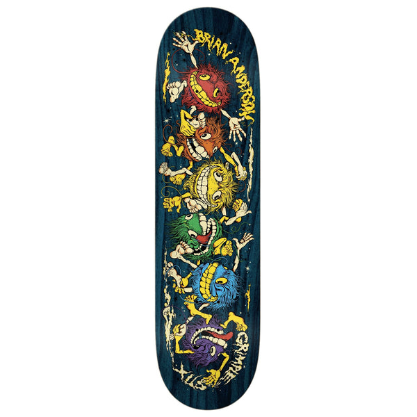 A vivid and eye-catching ANTIHERO skateboard deck, the GRIMPLE STIX B.A. GUEST 8.75, featuring a colorful design.