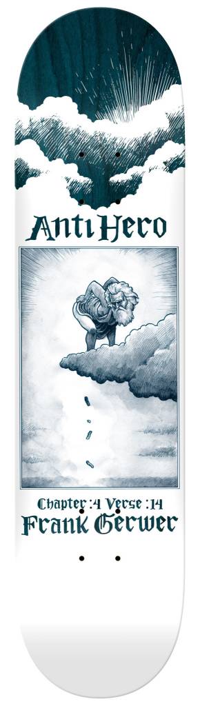 An ANTIHERO skateboard deck featuring a captivating image of a sky with ethereal clouds.