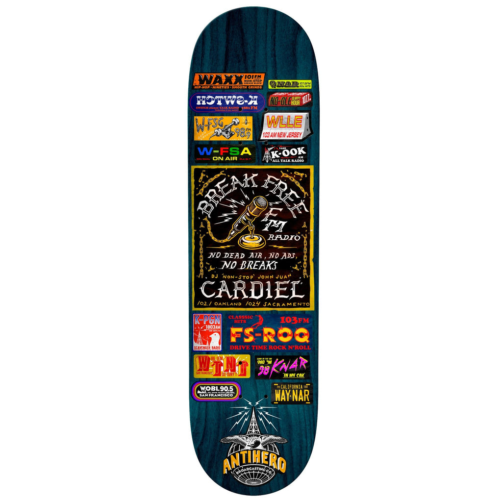 A skateboard deck adorned with various stickers, including the iconic ANTI HERO CARDIEL BROADCASTING 8.62 and ANTIHERO decals.