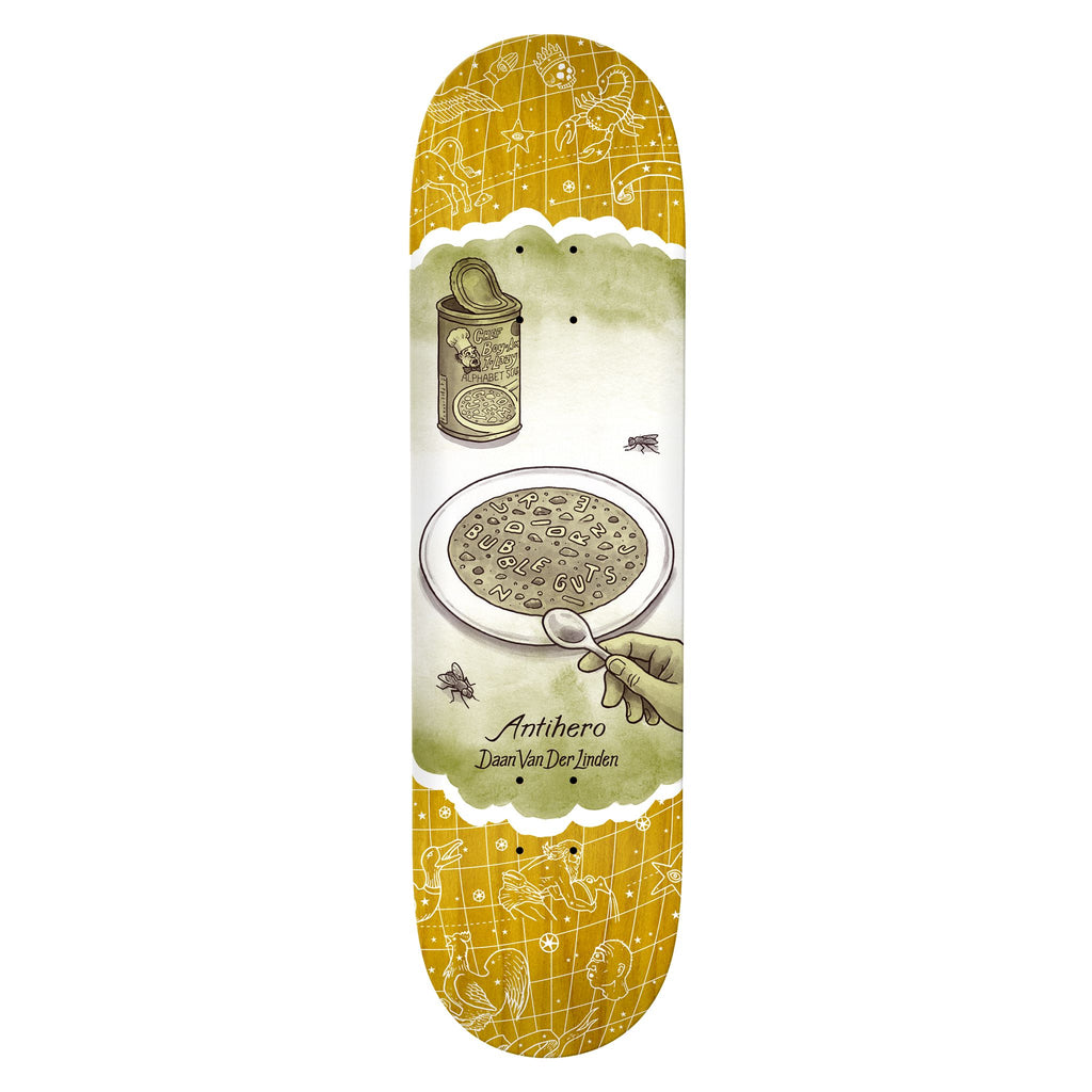 An ANTIHERO skateboard deck featuring the iconic sign of Daan.