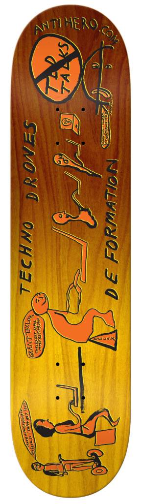 An ANTIHERO wooden skateboard deck with a drawing of a man and a woman.
