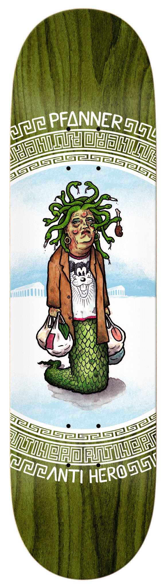 An ANTI HERO PFANNER LEGENDS 8.25 skateboard featuring an image of a man with dreadlocks from the Anti Hero Pfanner Legends collection.