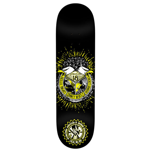 An ANTIHERO LOCAL18 skateboard deck with a yellow and black design.