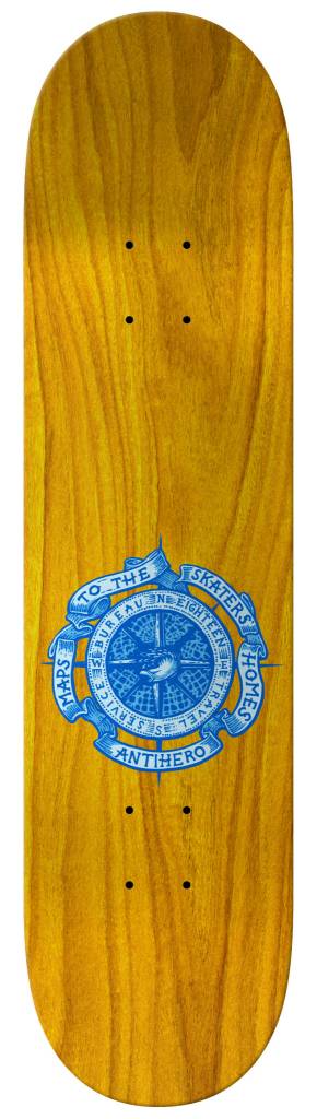 An ANTIHERO skateboard with a blue logo on it, perfect for skaters.