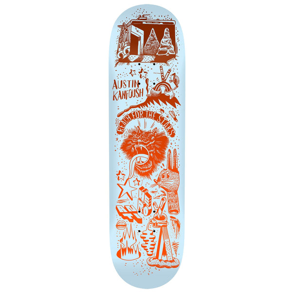 An ANTIHERO skateboard deck with an ANTI HERO KANFOUSH REACH 8.25 design on it.