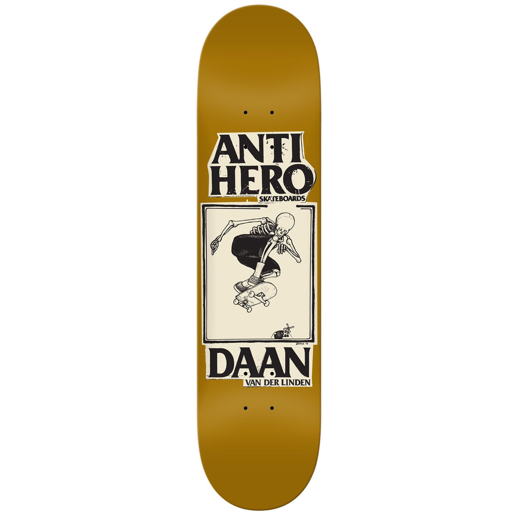 A skateboard with the ANTI HERO X LANCE DAAN 8.25 written on it.